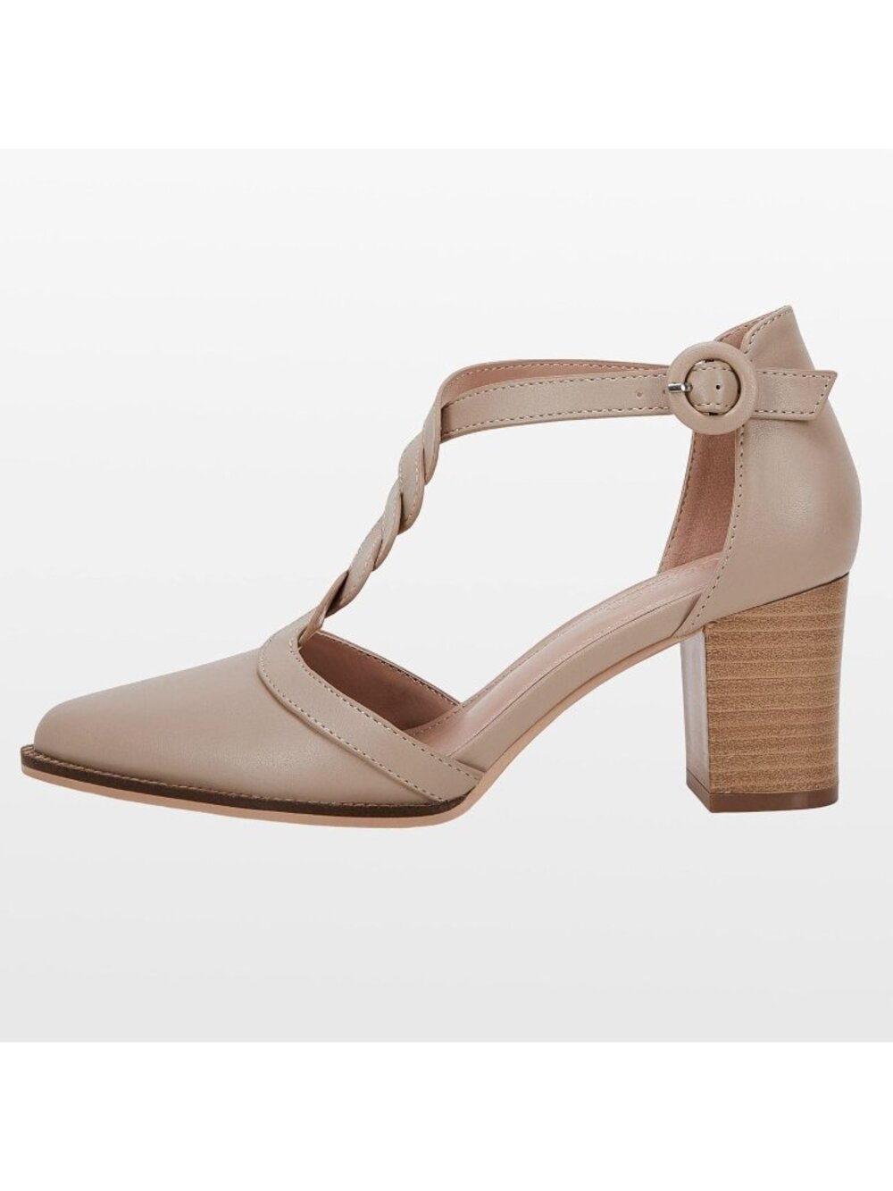 Women's Nude Chunky Heels T Strap Pointed Toe Stacked Heeled Sandals Pumps - Picture 5 of 6